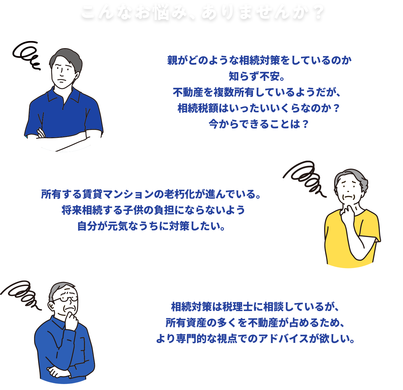 こんなお悩み、ありませんか?親がどのような相続対策をしているのか知らず不安。不動産を複数所有しているようだが、相続税額はいったいいくらなのか?今からできることは? 所有する賃貸マンションの老朽化が進んでいる。将来相続する子供の負担にならないよう自分が元気なうちに対策したい。 相続対策は税理士に相談しているが、所有資産の多くを不動産が占めるため、より専門的な視点でのアドバイスが欲しい。